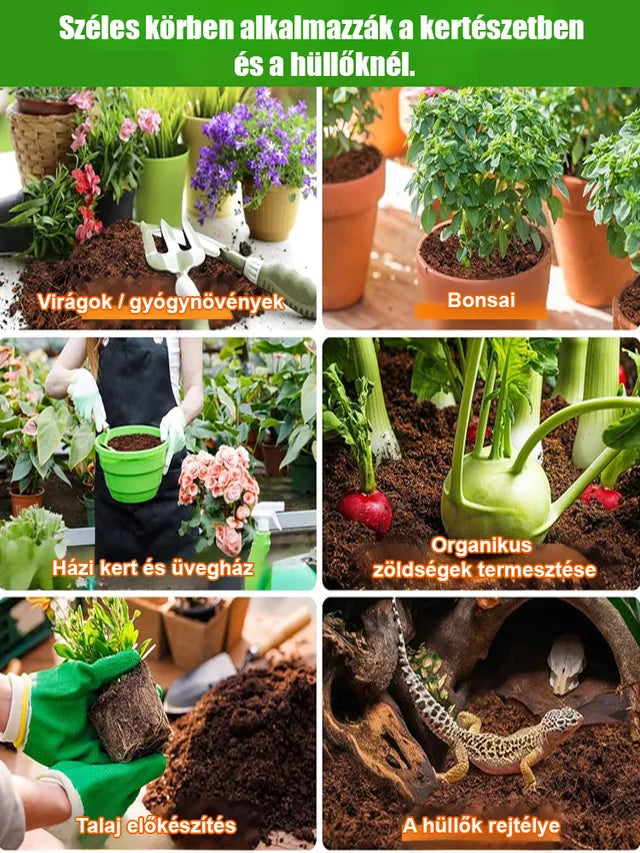 Tíz év műtrágyamentes kókuszrost talaj. Egy tégla = 10 év termékenység! Kókuszkorpa + lassan felszívódó tápanyagszemcsék, virágok és zöldségek termesztése műtrágya nélkül!